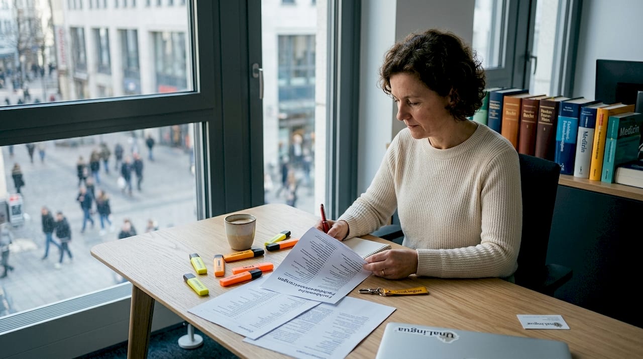 Spezialisierter Fachübersetzer prüft Fachdokumente – Übersetzungsbüro UnaLingua